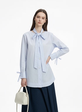 GARGA蓝色蝴蝶结长袖衬衫女设计感小众衬衣减龄洋气宽松气质上衣