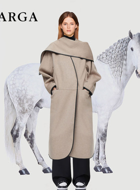 GARGA羊毛混纺双面带围巾毛呢外套女秋冬季休闲披肩式中长款大衣