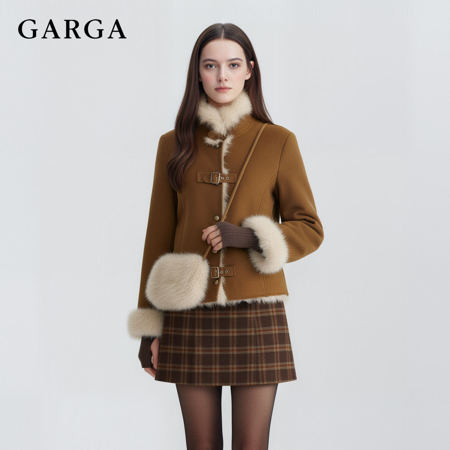 GARGA美式复古短款毛毛外套女2025新款冬加厚立领设计感保暖上衣