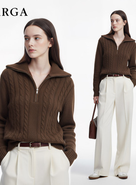 GARGA棕色复古大翻领拉链麻花毛衣女套头高智感气质v领针织衫上衣