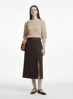 GARGA咖色高腰直筒半身裙女开衩中长裙气质超好看西装裙包臀裙子