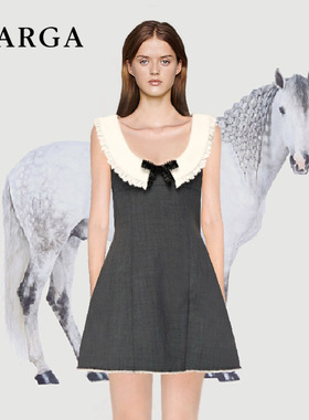 金智秀明星同款灰色收腰蝴蝶结娃娃领学院风无袖连衣裙女夏短裙子