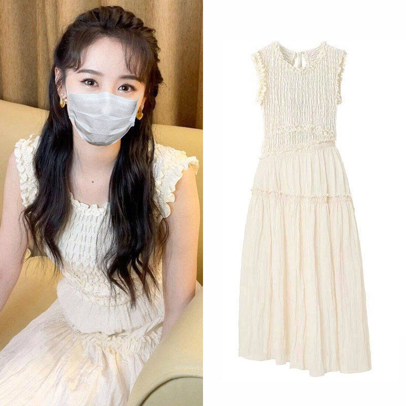 袁冰妍明星同款蕾丝花边无袖背心连衣裙高腰不规则初恋裙长裙女夏