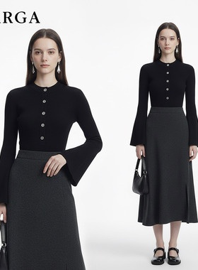 GARGA轻熟风黑色圆领喇叭袖开衫针织衫女2026春新款修身收腰上衣