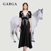 朱珠同款 连衣裙女高级感生日礼服长裙子 黑色重工刺绣钉珠v领短袖