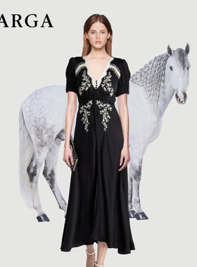 朱珠同款黑色重工刺绣钉珠v领短袖连衣裙女高级感生日礼服长裙子