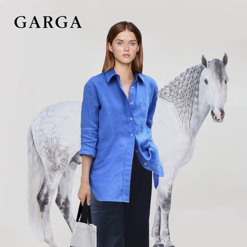 倪妮同款蓝色长袖亚麻衬衫女宽松