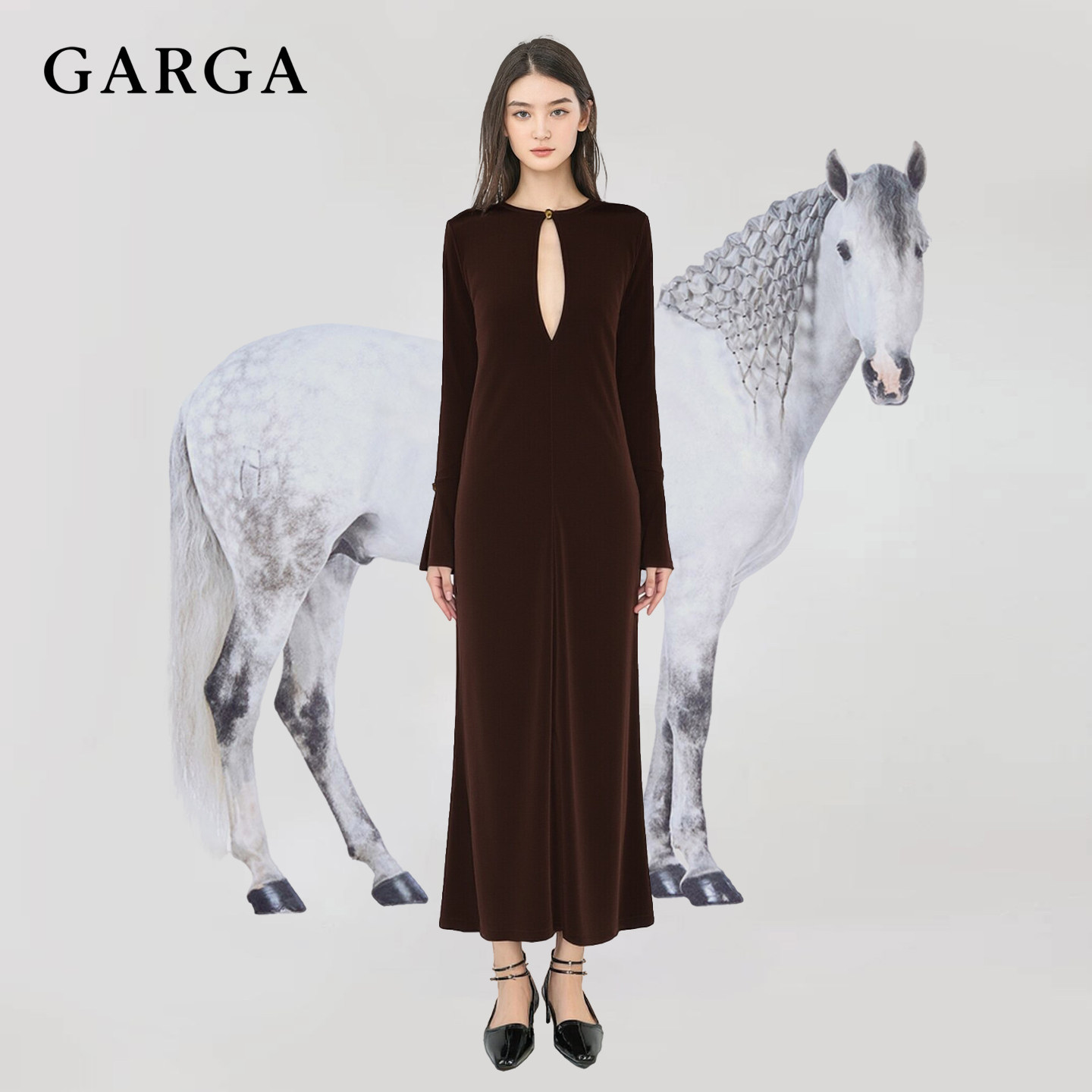 杨采钰同款优雅气质连衣裙女长袖修身显瘦镂空轻熟风高知得体长裙