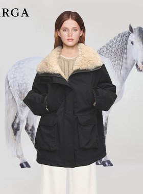 赵露思同款黑色羊羔绒毛领派克服女加厚保暖大翻领外套户外冲锋衣