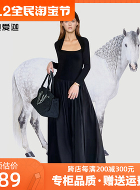 黑色方领高级感纯欲长袖挂脖假两件连衣裙女针织上衣修身长款裙子