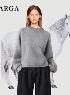 刘雯同款灰色圆领斜口袋羊毛针织衫毛衣女春季宽松百搭慵懒风上衣