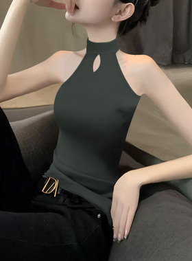 2024新款夏季针织螺纹烟灰色挂脖镂空紧身背心内搭性感吊带上衣女