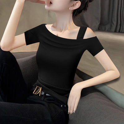 人棉罗纹斜领露肩修身短袖女