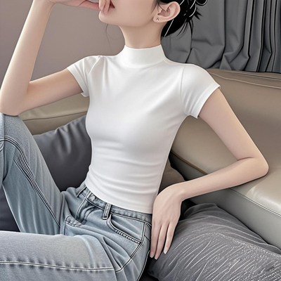莫代尔小高领修身正肩短袖女