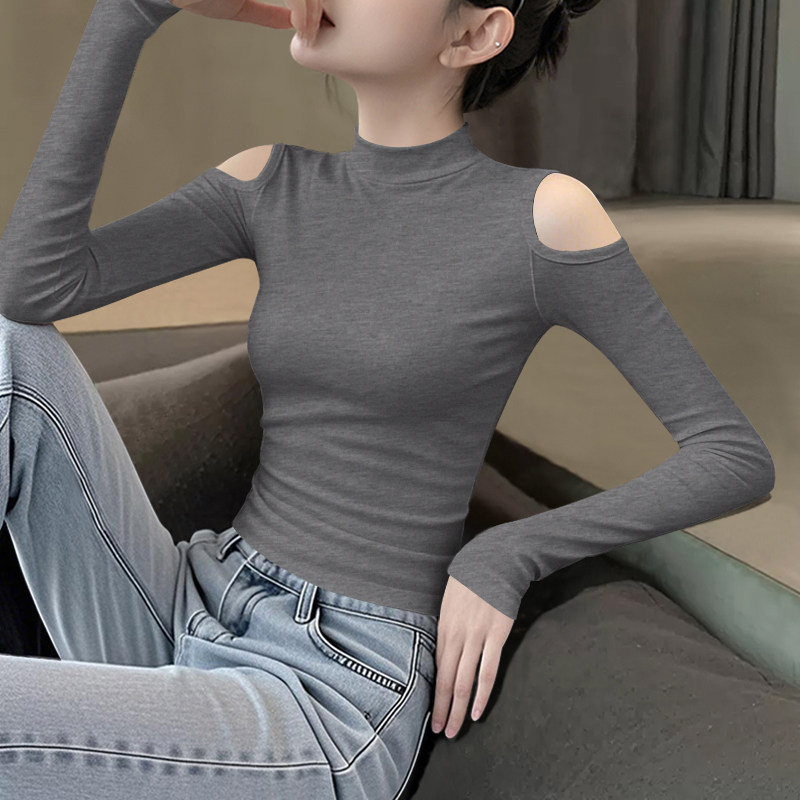 半高领露肩设计感长袖女2025春秋冬新款暗灰色洋气修身内搭上衣潮,女装/女士精品,T恤,淘宝优惠券,粉丝福利购,淘宝优惠卷