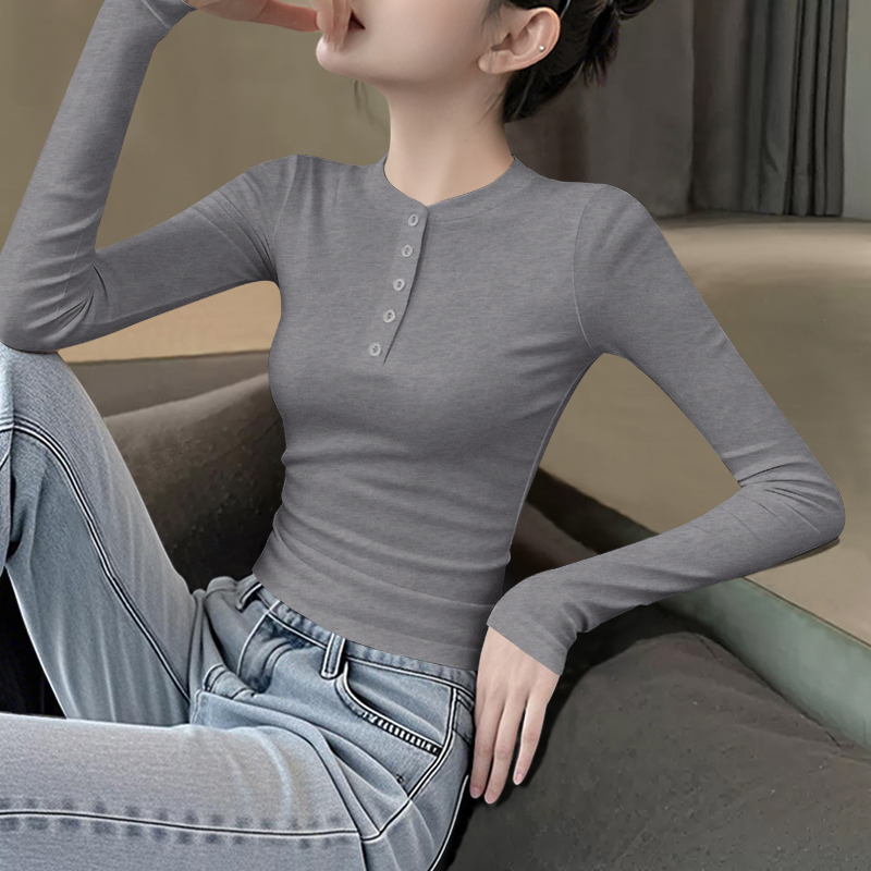 wooonam亨利领简约长袖T恤女