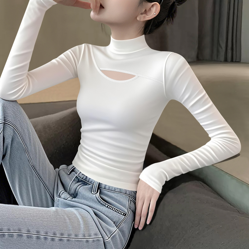 半高领前镂空修身长袖