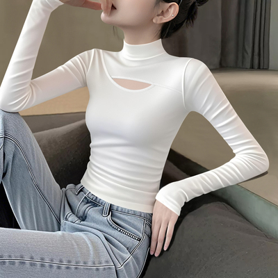 半高领前镂空修身长袖