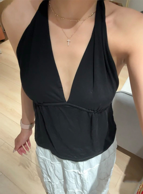 Brandy bm新款纯棉V领挂脖修身显瘦黑色吊带无袖背心打底上衣