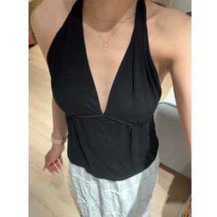 显瘦黑色吊带无袖 纯棉V领挂脖修身 背心打底上衣 bm新款 Brandy