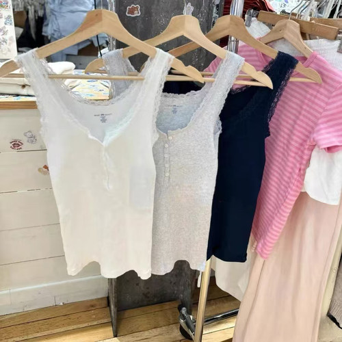 Brandy bm美式纽扣蕾丝螺纹背心吊带女白色粉色条纹纯棉上衣女