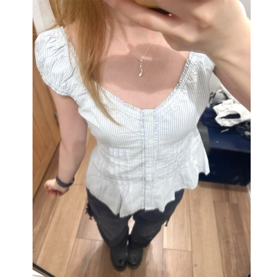 BM纯棉条纹短袖白色纽扣T恤女