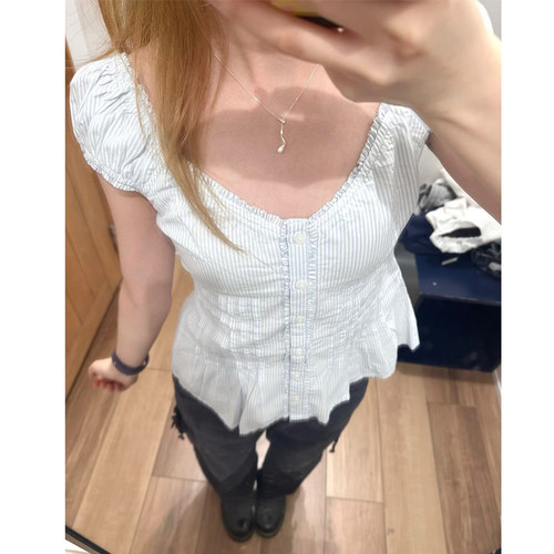 BM纯棉条纹短袖白色纽扣T恤女