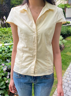 Brandy Girl纯棉美式复古bm黄色翻领短袖衬衫上衣女