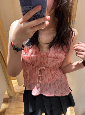 Brandy bm美式甜心风碎花吊带背心女修身显瘦系带V领百搭辣妹上衣