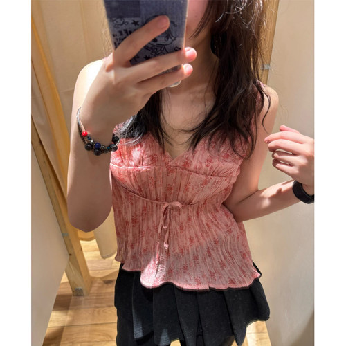 BM美式甜心碎花系带V领吊带背心