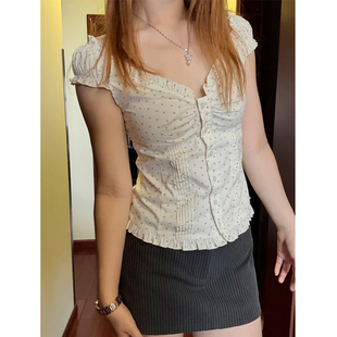 Brandy Girl bm木耳边碎花短袖飞袖衬衫女修身显瘦上衣