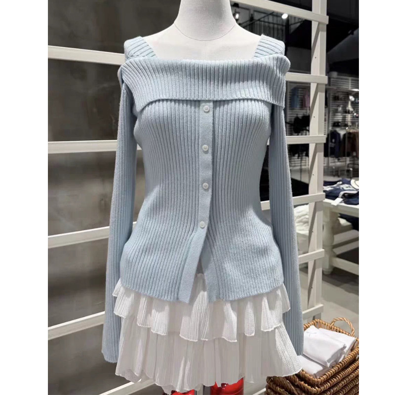 Brandy bm甜美一字肩针织衫女蓝色纽扣修身显瘦长袖毛衣,女装/女士精品,毛针织衫,淘宝优惠券,粉丝福利购,淘宝优惠卷