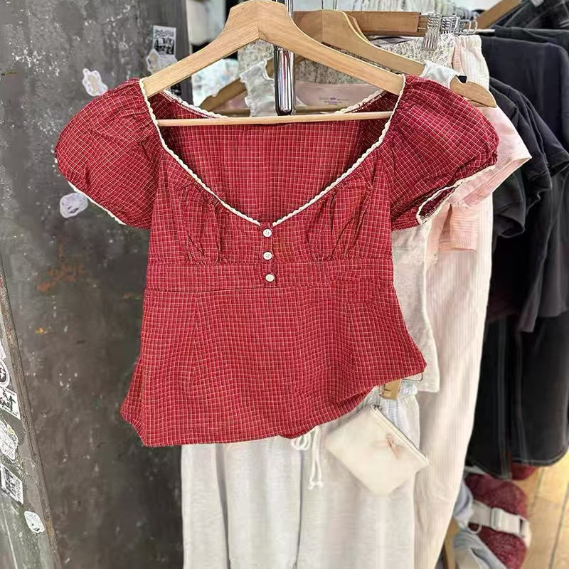 Brandy bm新款V领花边甜美泡泡袖短袖百搭格子衬衫收腰显瘦上衣女