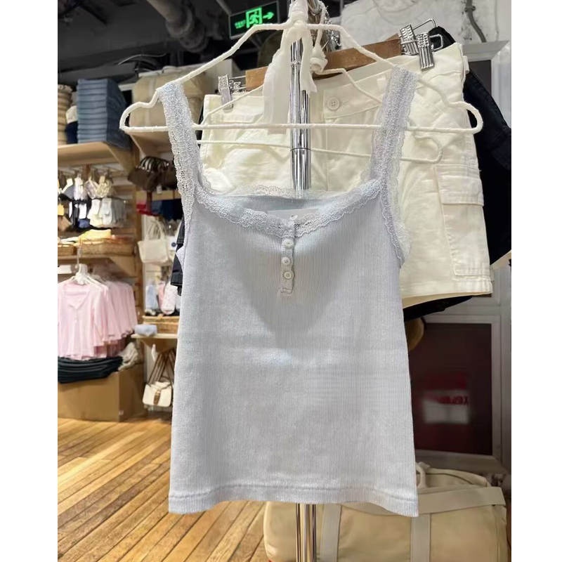 bm美式浅蓝蕾丝边三粒扣吊带