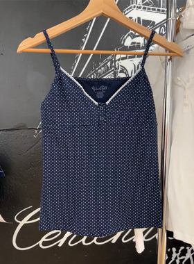 Brandy bm新款美式复古藏蓝色波点蕾丝边吊带背心女