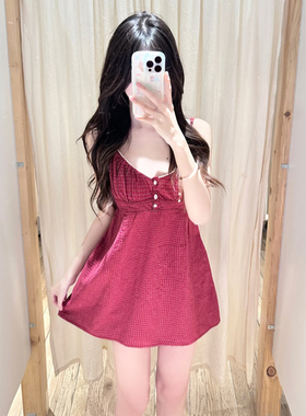 Brandy bm新款连衣裙红色格子三粒扣背心吊带女纯棉百搭甜