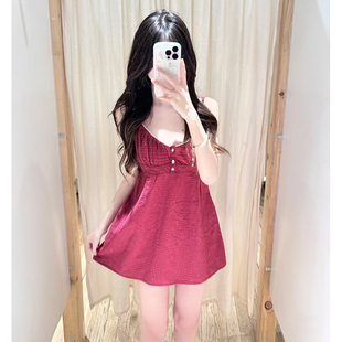 Brandy bm新款连衣裙红色格子三粒扣背心吊带女纯棉百搭甜