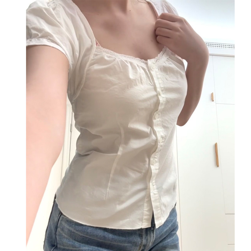 Brandy bm美式蕾丝花边泡泡袖短袖衬衫减龄上衣衬衣女图片