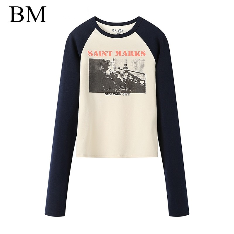 Brandy Girl美式复古乐队印花t恤 bm修身拼色插肩长袖上衣女,女装/女士精品,T恤,淘宝优惠券,粉丝福利购,淘宝优惠卷