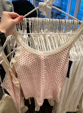 Brandy Girl红色爱心蕾丝边背心吊带女 bm内搭修身打底上衣纯棉