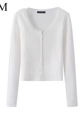 Brandy Girl蕾丝花边bm打底衫镂空单排扣长袖T恤百搭修身上衣开衫