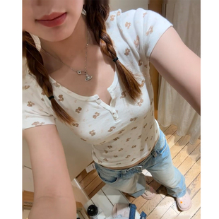 Brandy bm新款美式复古棕色小熊印花bm短袖T恤上衣