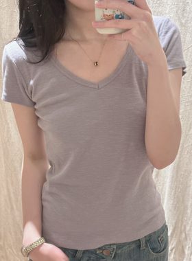 Brandy bm新款bm短袖纯棉V领修身显瘦T恤女百搭上衣