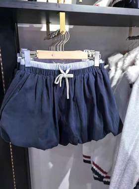 Brandy bm新款藏蓝色松紧腰花苞短裤女系带休闲裤藏蓝色拼接