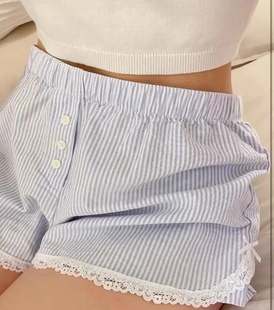 Brandy Girl居家短裤女 bm夏慵懒可外穿拼接蕾丝条纹短裤纯欲辣妹