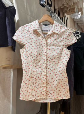 Brandy bm新款娃娃领红碎花短袖衬衫甜美上衣女减龄