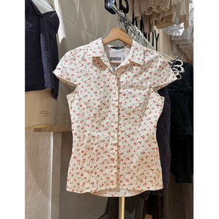 Brandy bm新款娃娃领红碎花短袖衬衫甜美上衣女减龄