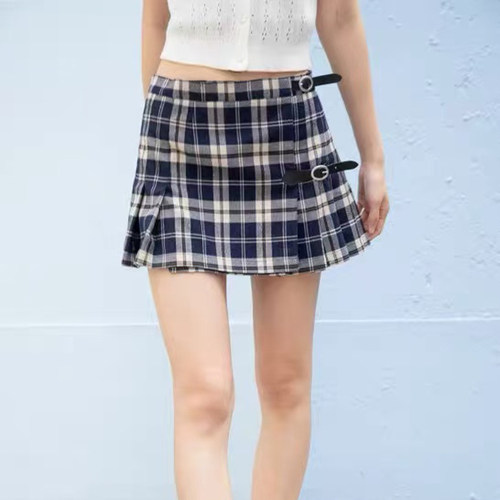 bm官网皮扣a字格纹高腰百褶裙