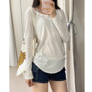 Brandy bm纯棉白色纽扣长袖T恤修身显瘦打底衫上衣女