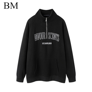 BM宽松纯棉卫衣 复古字母刺绣拉链polo领上衣 Brandy Girl美式